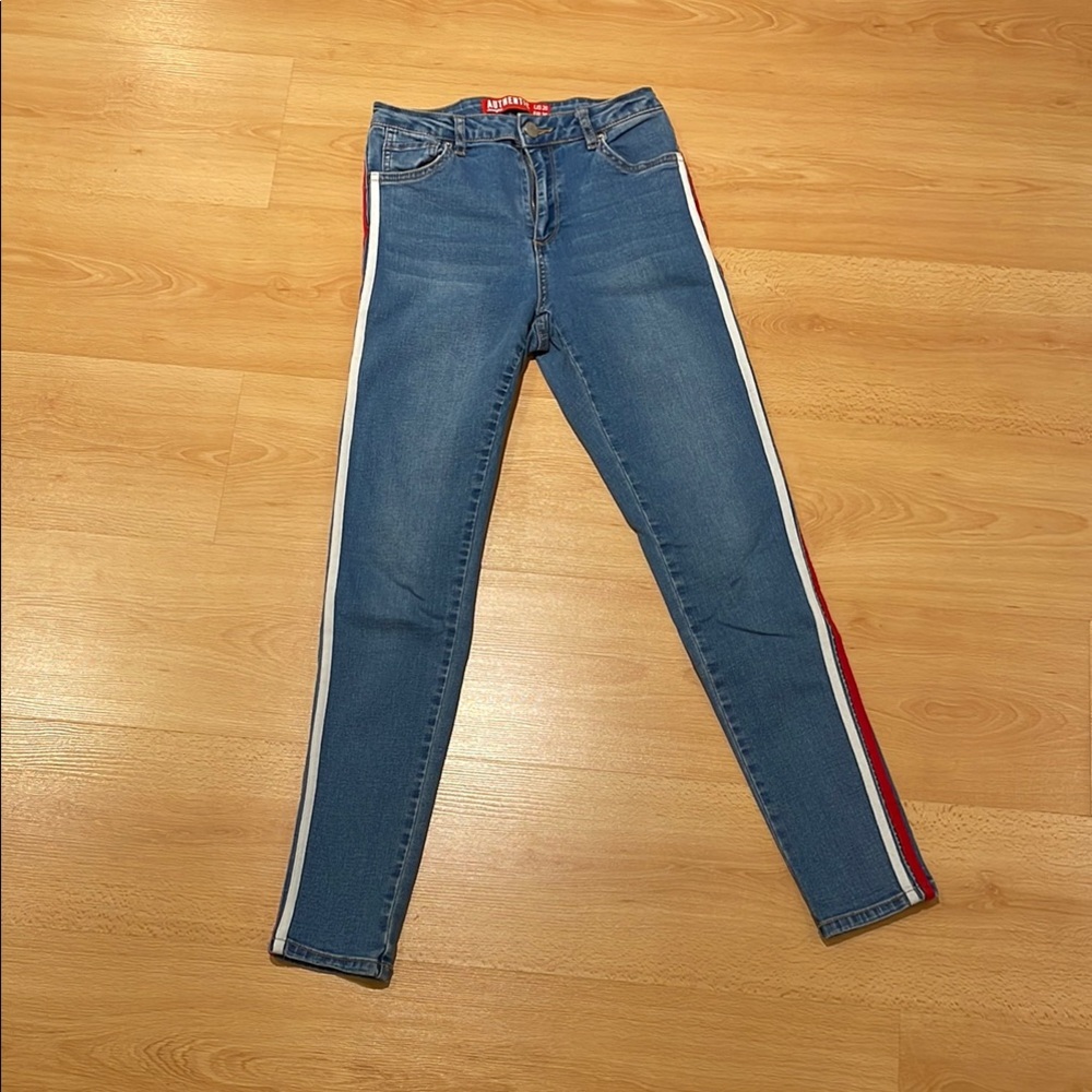 Blue Jeans with Red and White Stripes